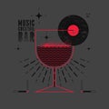 Music Cocktail Bar typographical grunge style emblem or poster design with stylized glass silhouette and vinyl disc. Vector illust Royalty Free Stock Photo